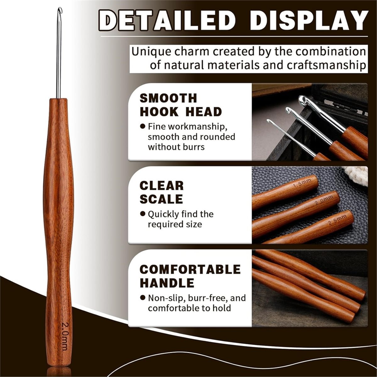 Wooden Crochet Hooks Ergonomic Handle - 5 agulhas de crochê, 5 tamanhos,