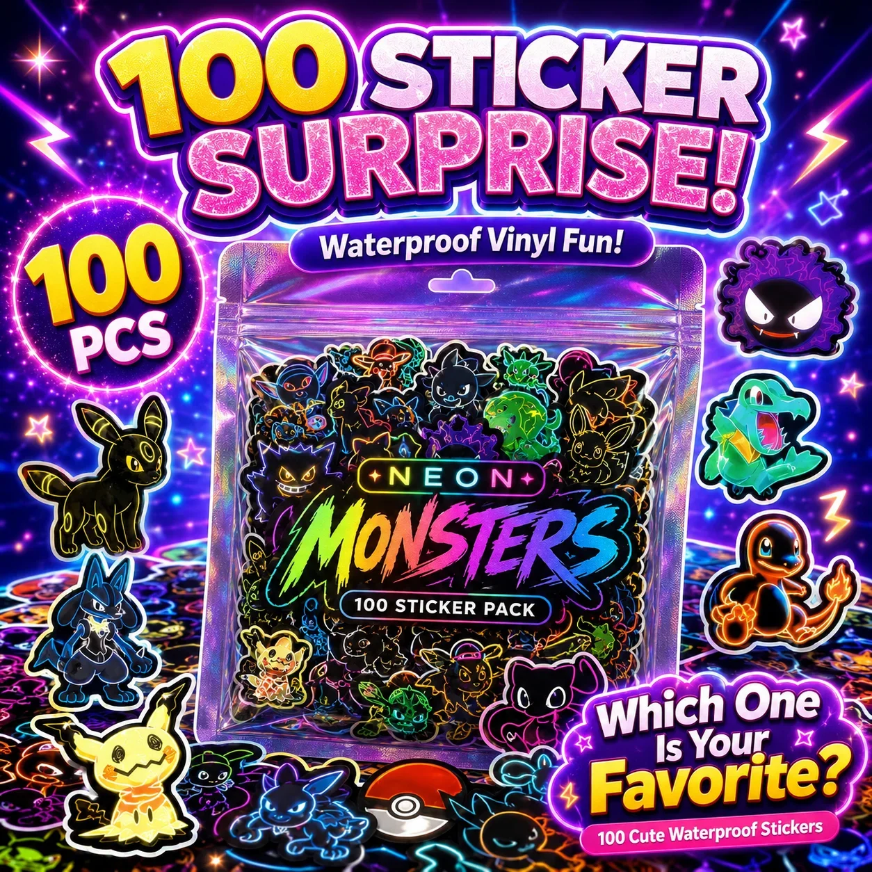 100 Adesivos Neon Pokémon à Pr - Scrapbooking avaliação e preço